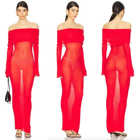 Lovers and Friends | Peregrine Off The Shoulder Maxi Dress in Red Sheer Knit S - Picture 1 of 14